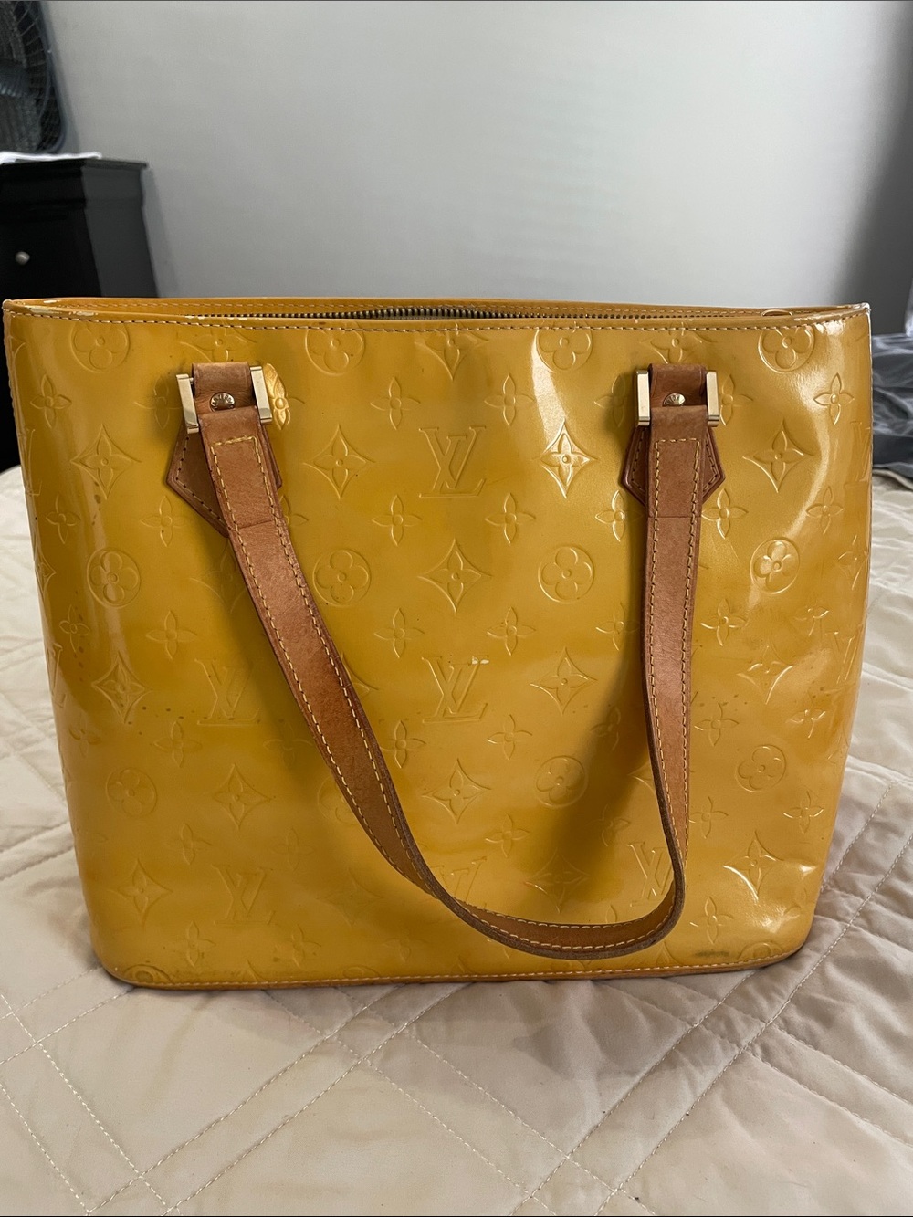 Louis Vuitton Yellow Vernis Monogram Patent Leather Tote with Tan Straps
